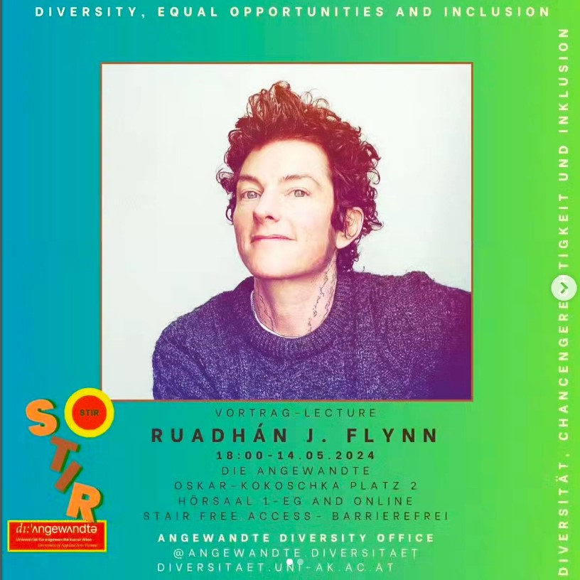 A square Instagram tile advertises the event. In the middle is a square photo of a white man with short messy hair, neck tattoos, and a grey wool sweater. The background goes from blue to green. It has a red and yellow logo reading STIR. It contains text information about the event (included in text body of blog post(